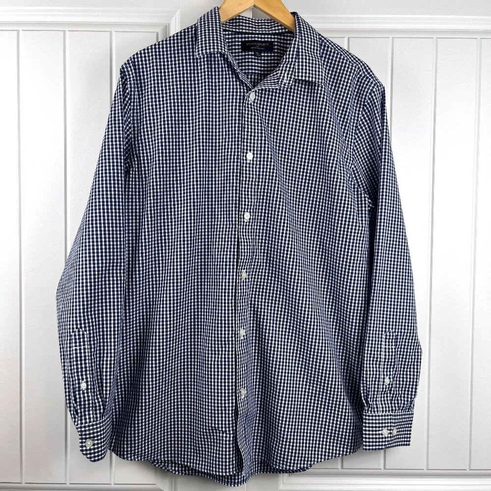 Banana Republic Men's Slim-Fit Button Down Dress Shirt Navy and White Gingham XL